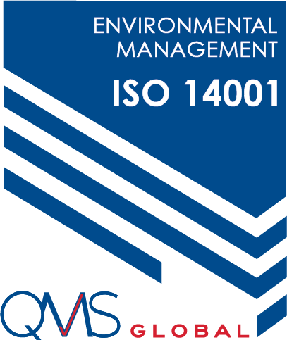 Logo featuring "Environmental Management ISO 14001" with blue diagonal stripes and "QMS Global" at the bottom.