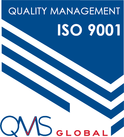 ISO 9001 Quality Management blue logo with diagonal stripes and text "QMS Global".