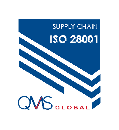 Blue and white logo featuring the text "Supply Chain ISO 28001" and "QMS Global" with geometric diagonal stripes, reflecting a quality commitment.